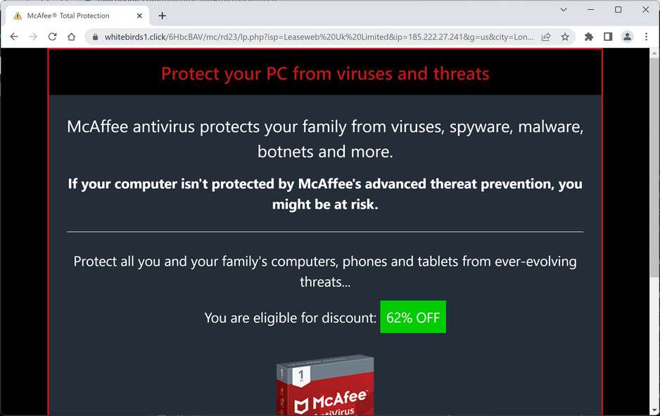 Image: Chrome browser is redirected to Whitebirds1.click