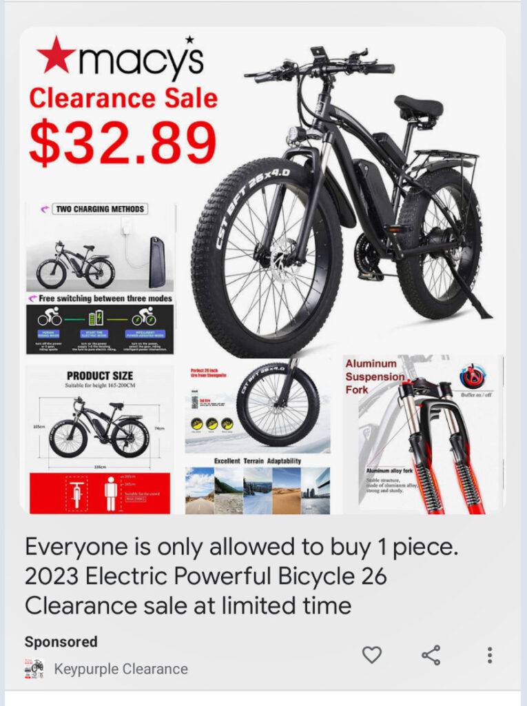 Macy’s Clearance Sale Electric Bike Scam