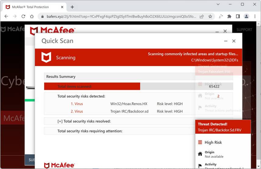 Screenshot of Bafers.xyz Fake Antivirus Scan