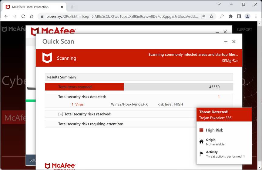 Screenshot of Bipers.xyz Fake Antivirus Scan