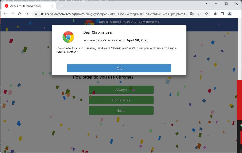 Screenshot of Bitwildwhom.live Fake Survey