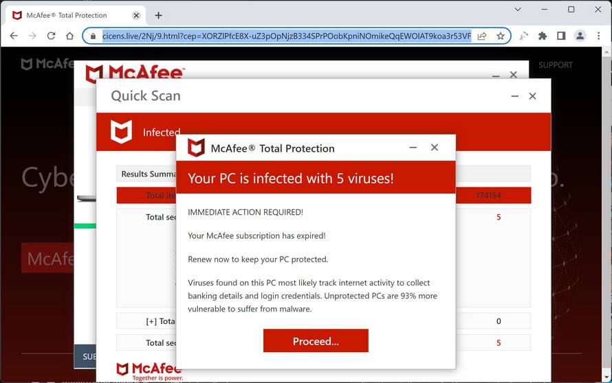 Screenshot of Cicens.live Fake Antivirus Scan