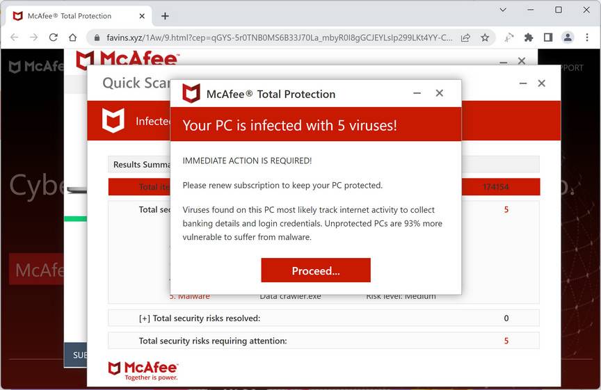 Screenshot of Favins.xyz Fake Antivirus Scan
