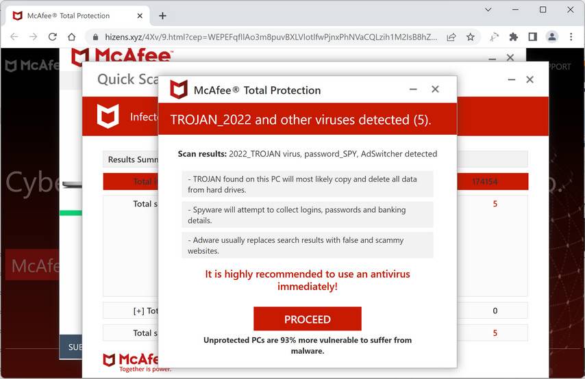 Screenshot of Hizens.xyz Fake Antivirus Scan