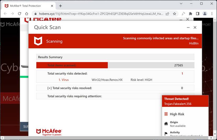 Screenshot of Hobens.xyz Fake Antivirus Scan