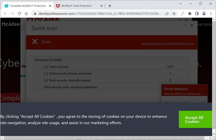Screenshot of Identitysoftwarecentr.com Fake Antivirus Scan