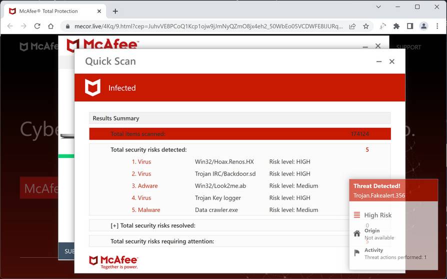 Screenshot of Mecor.live Fake Antivirus Scan