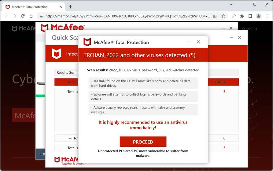 Screenshot of Memor.live Fake Antivirus Scan