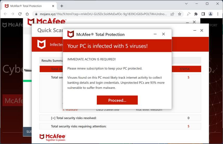 Screenshot of Mojans.xyz Fake Antivirus Scan