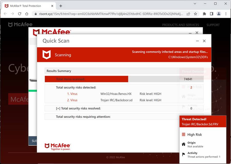 Screenshot of Risont.xyz Fake Antivirus Scan