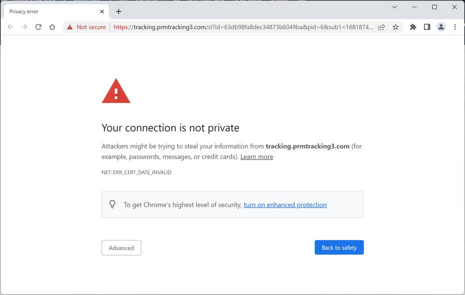Image: Chrome browser is redirected to Tracking.Prmtracking3.com