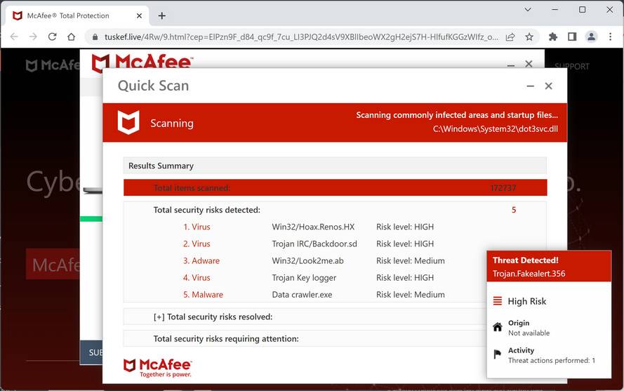 Screenshot of Tuskef.live Fake Antivirus Scan