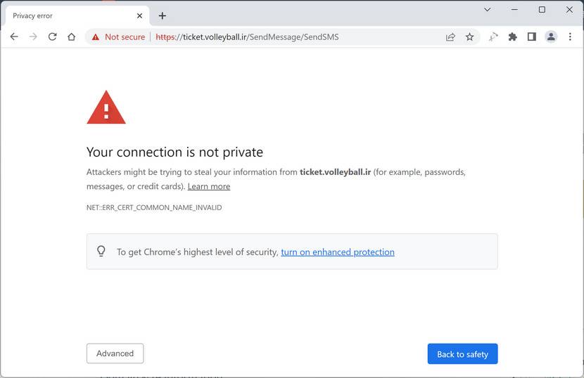 Image: Chrome browser is redirected to Volleyball.ir