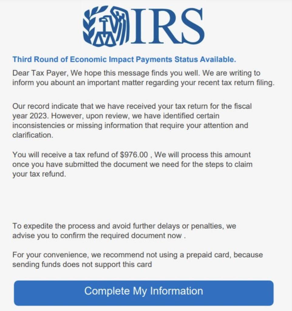 "IRS Third Round Of Economic Impact Payment Status" Email Scam