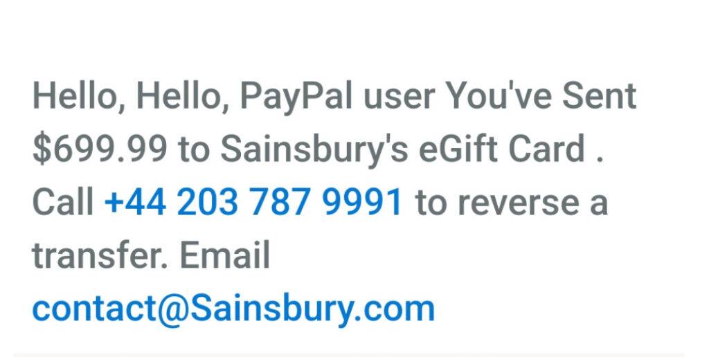Sainsbury Gift Card PayPal Scam Email Invoice