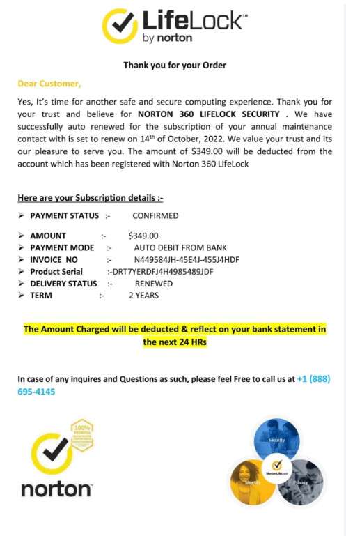 Beware! Scammers Sending Fake Norton Life Lock Renewal Invoices