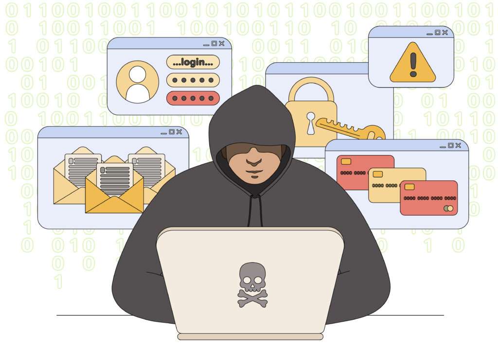 Hacker in black hood with laptop stealing private personal data, user login, account password or documents in internet. Fraud, hacking or phishing cybercrime flat concept. Theft or attack in network.
