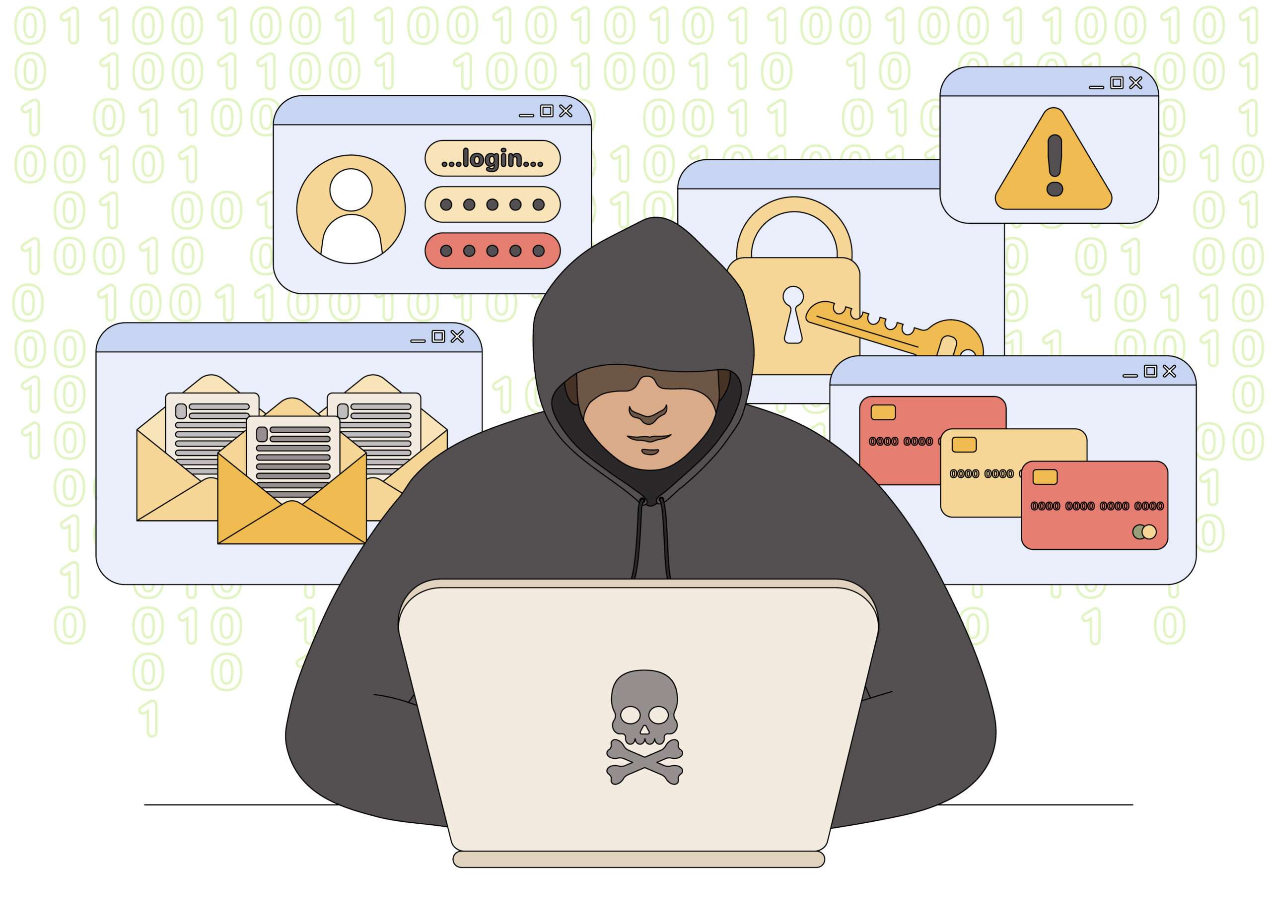 Hacker in black hood with laptop stealing private personal data, user login, account password or documents in internet. Fraud, hacking or phishing cybercrime flat concept. Theft or attack in network.