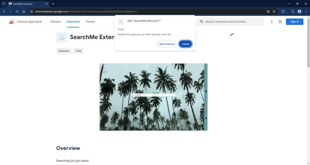 SearchMe Extension browser hijacker