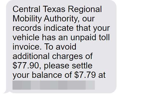 Central Texas Regional Mobility Authority Unpaid Toll Text Scam