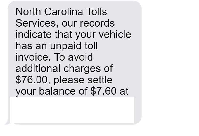 North Carolina Tolls Services Scam Text Messages