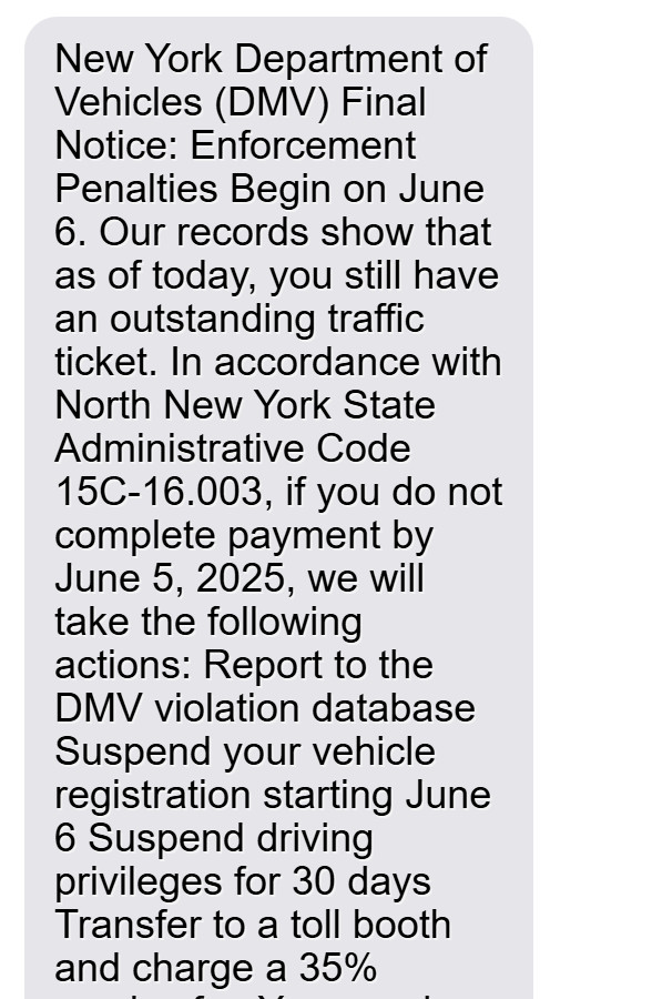 New York DMV Scam Alert: Fake Traffic Ticket Texts 1 Scam1