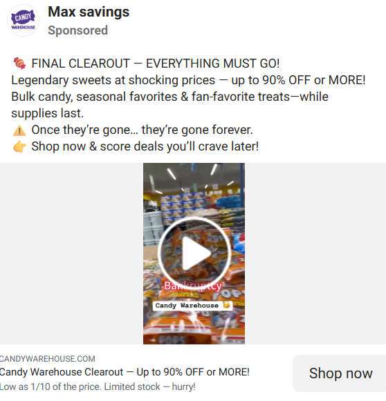 Candy Warehouse Bankruptcy Sale Scam: Fake 90% Off Clearance Ads 4 1 47