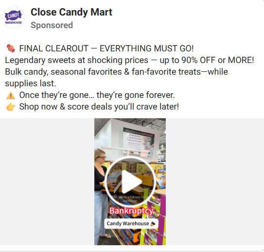 Candy Warehouse Bankruptcy Sale Scam: Fake 90% Off Clearance Ads 2 2 10