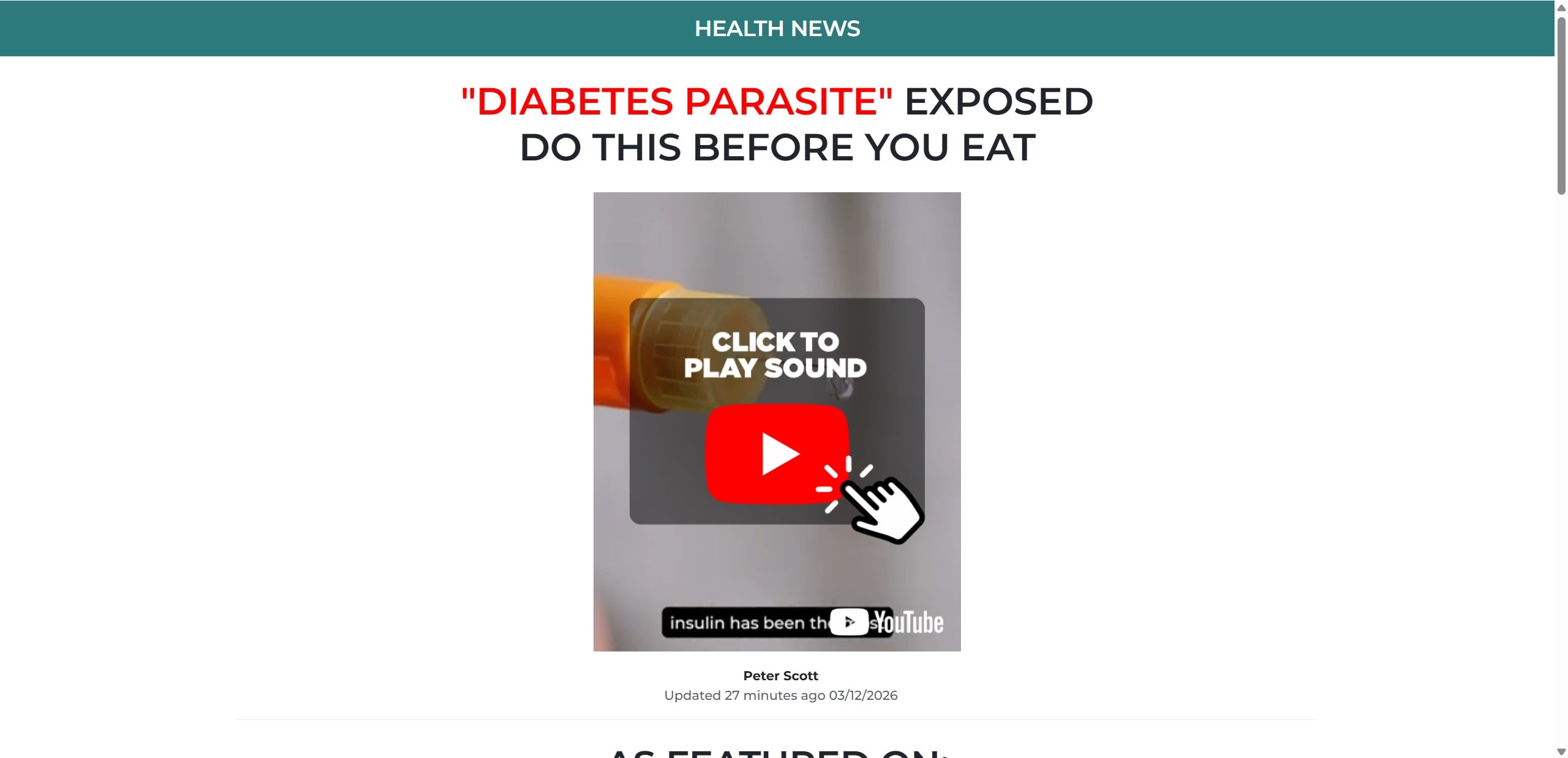 Fake Fox News Diabetes Cure Scam - Elon Musk and Rotating Supplement Traps 3 Fake health news diabetes parasite page with a click-to-play video