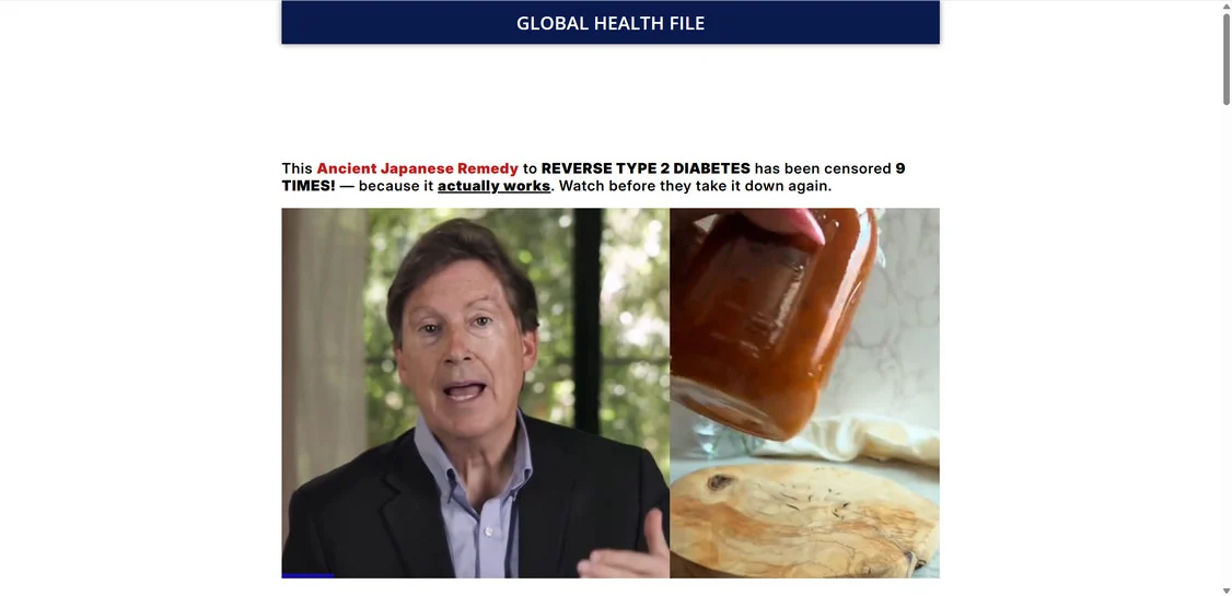 Fake Barbara O'Neill Diabetes Cure Scam - AI Videos and Rotating Supplement Traps 3 Fake global health file page promoting an ancient Japanese remedy to reverse type 2 diabetes