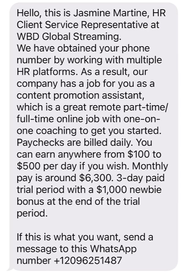 WBD Global Streaming Job Scam - The Fake $100 to $500 Per Day Text 1 1 65