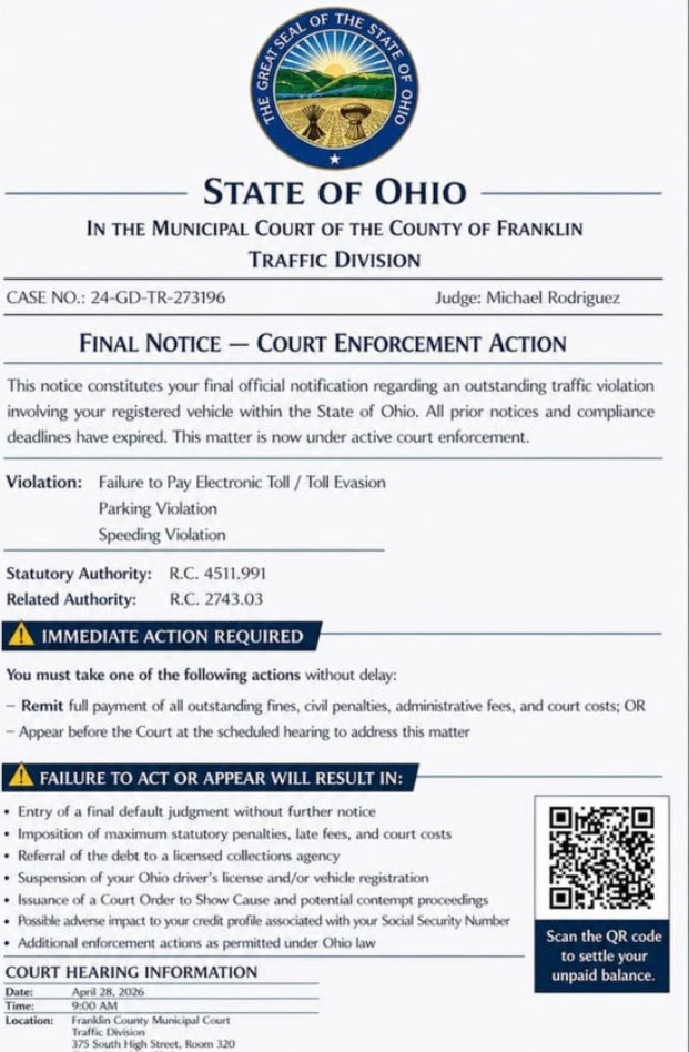 Franklin County Ohio Court Notice Scam: Fake Tickets and QR Code Traps 1 1 87