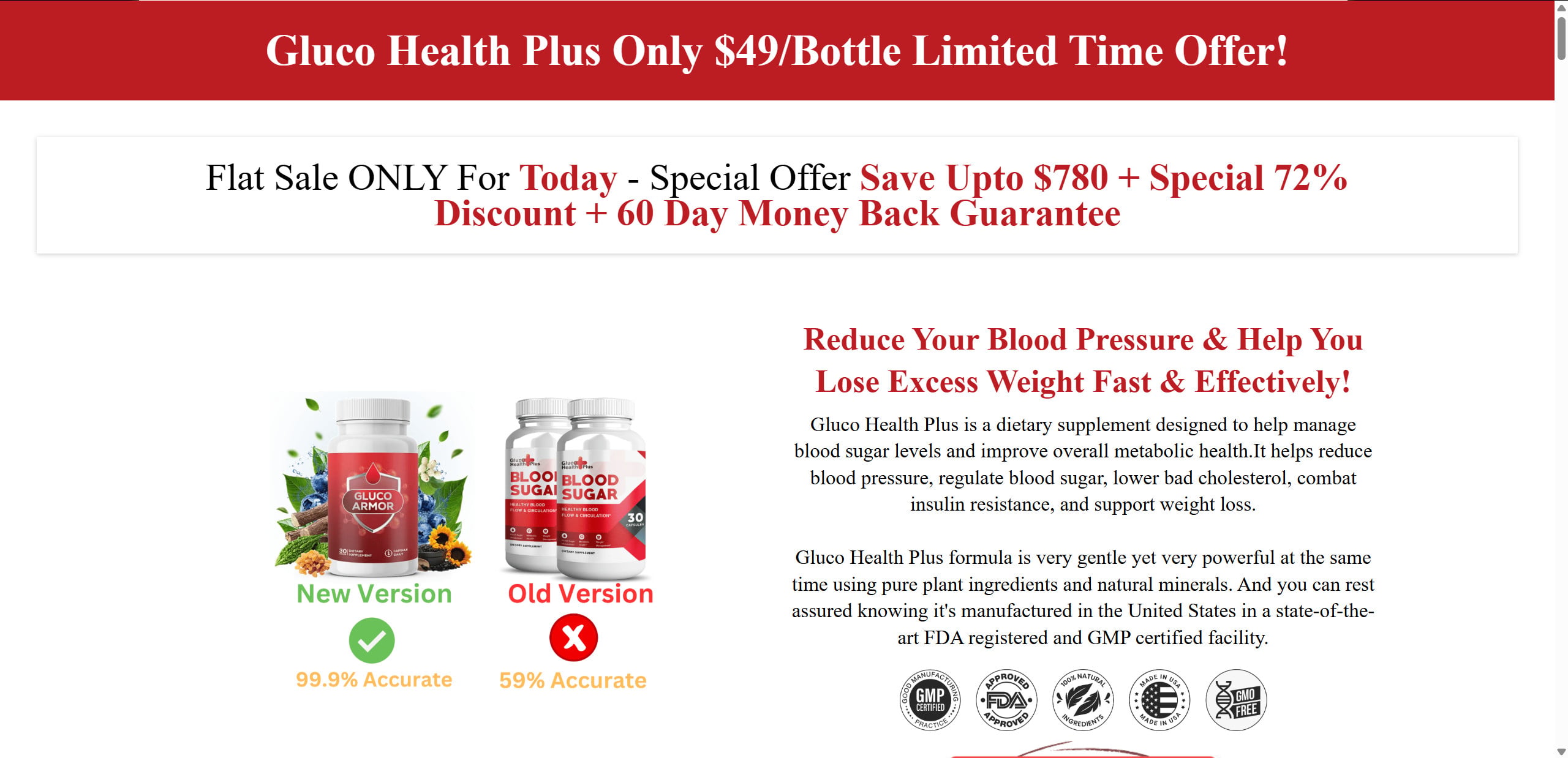 Fake Fox News Diabetes Cure Scam - Elon Musk and Rotating Supplement Traps 1 Gluco Health Plus supplement sales page associated with fake Elon Musk diabetes ads