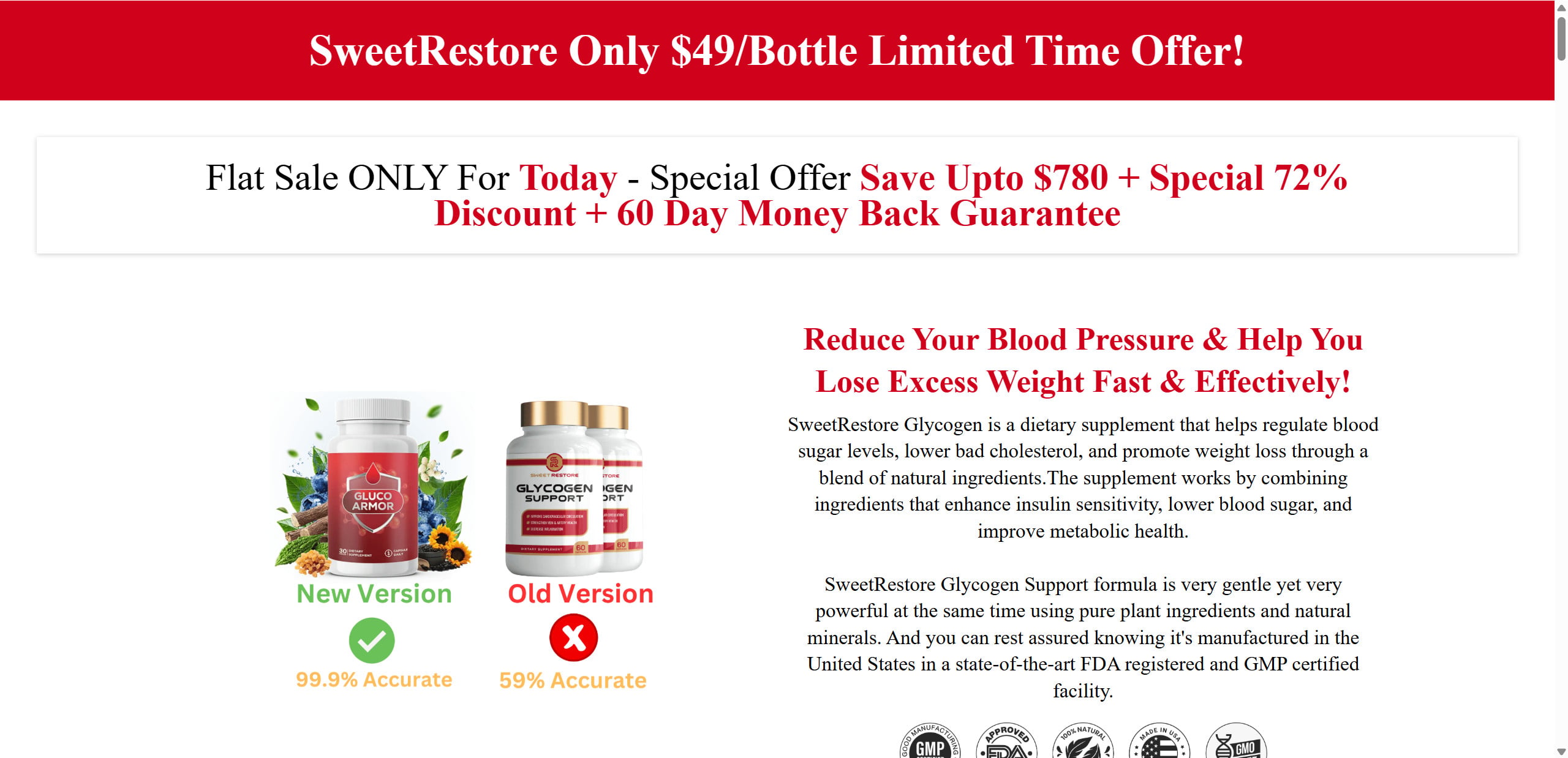 Fake Fox News Diabetes Cure Scam - Elon Musk and Rotating Supplement Traps 2 Sweet Restore Glycogen Support sales page shown as a rotating blood-sugar supplement