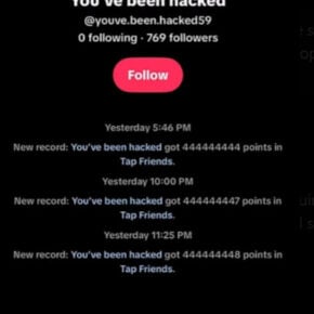 TikTok You've Been Hacked account sending repeated Tap Friends scam messages