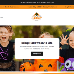 Caldrivo homepage displaying its current Halloween product catalog