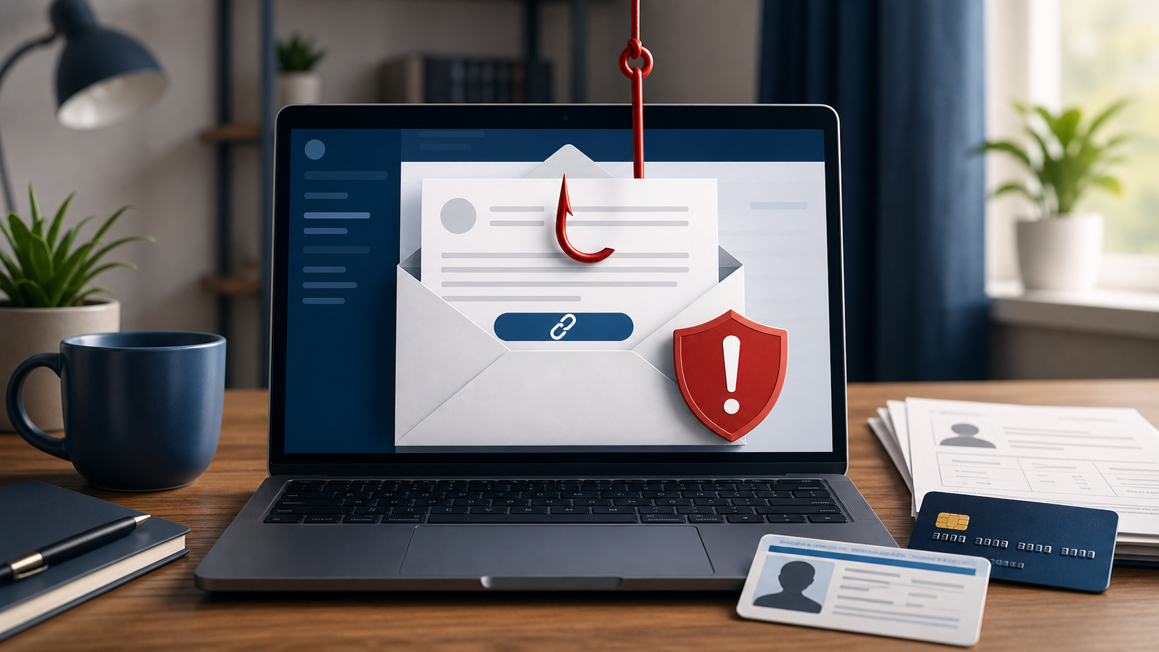 Federal Benefits Email Scam: How the Phishing Trap Works 1 Laptop displaying a federal benefits phishing email with a red hook and security warning