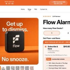 Flow Alarm Clock product page showing Subscribe and Save selected with a 7-day Flow+ trial