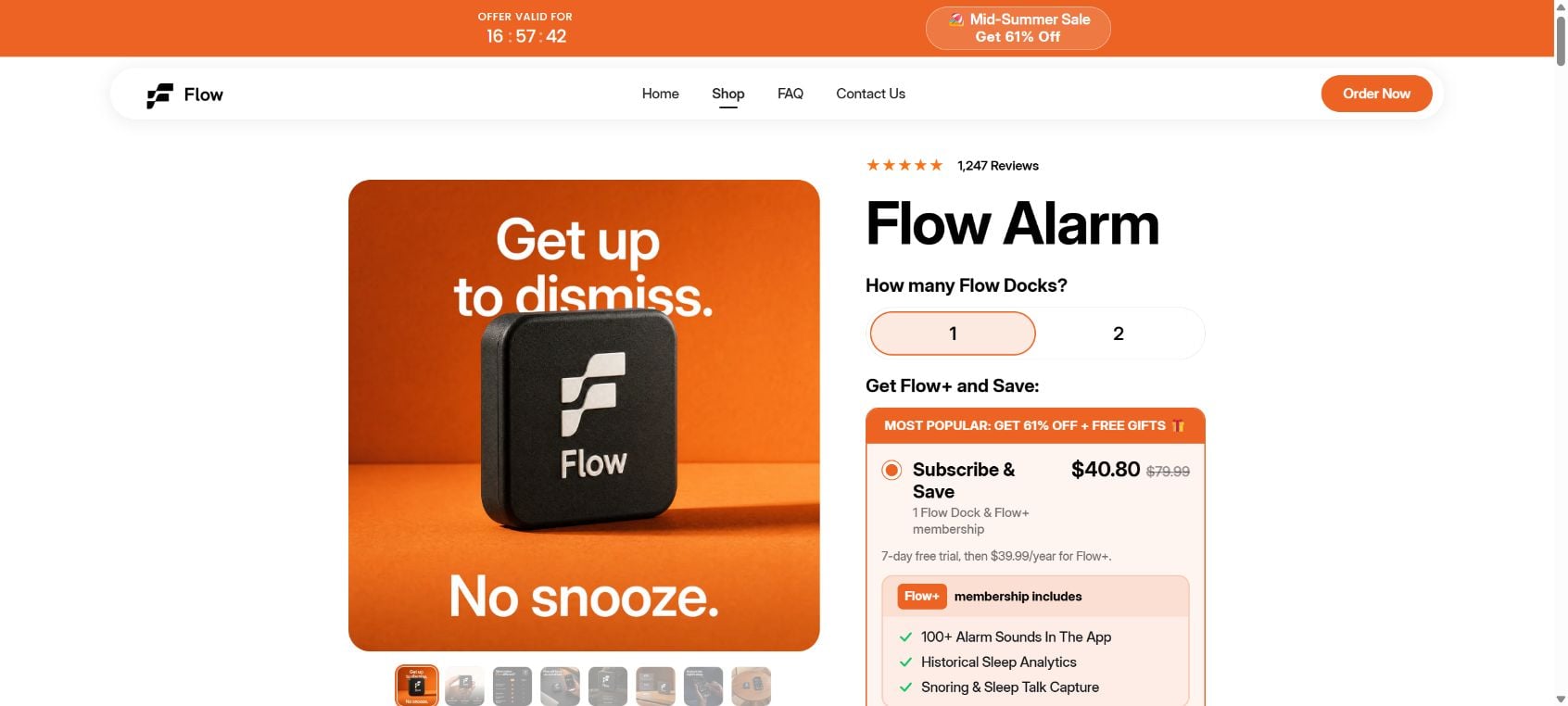 Flow Alarm Clock Scam or Legit? The $49 NFC Dock, Flow+ Trial and App Problems Explained 1 Flow Alarm Clock product page showing Subscribe and Save selected with a 7-day Flow+ trial