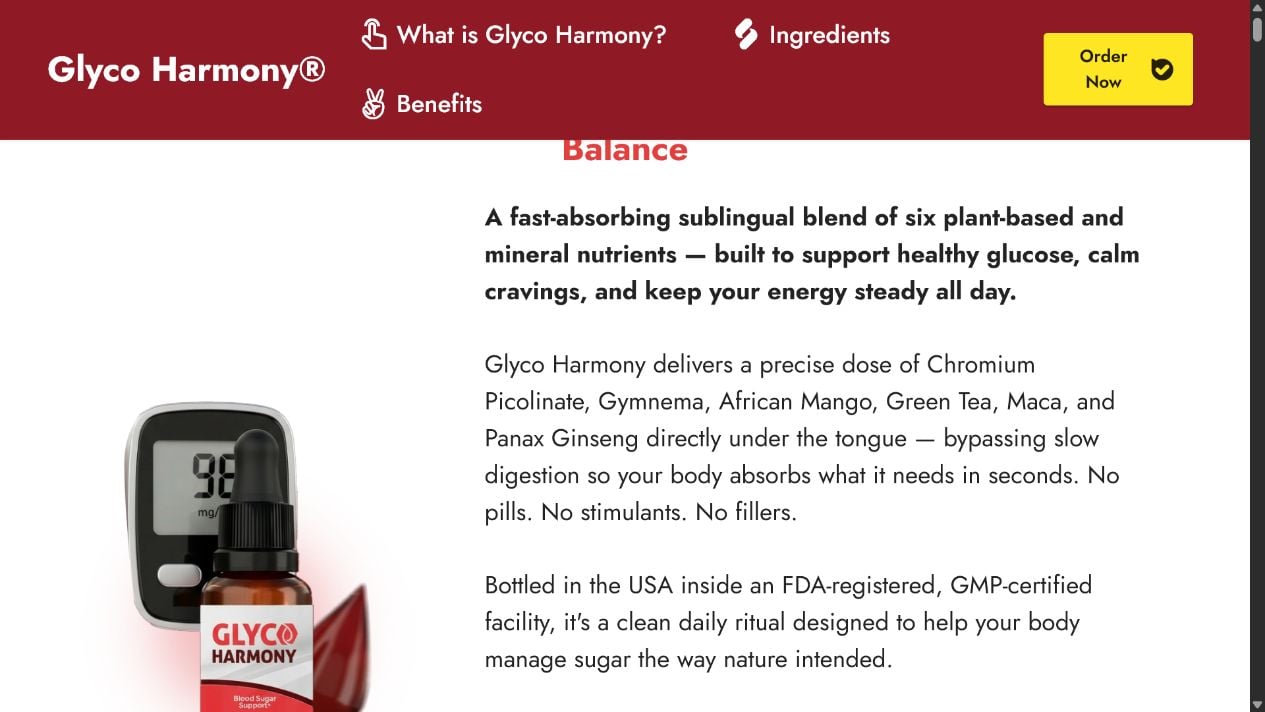 GlycoHarmony Scam or Legit? Conflicting Websites and Blood-Sugar Drops Claims Explained 1 Glyco Harmony blood sugar drops and claims shown on an official-looking sales website