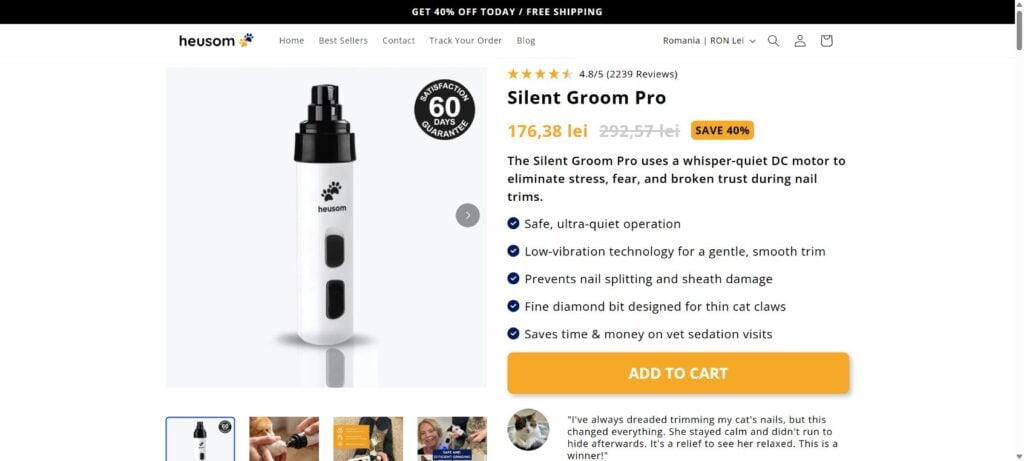 Heusom Silent Groom Pro: Scam or Legit? What Cat Owners Need to Know Before Buying 1 Screenshot of the Heusom Silent Groom Pro nail grinder product page