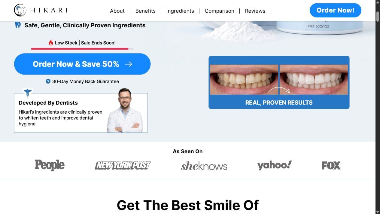 Hikari Teeth Whitening Powder Scam or Legit? Enamel Risks and Results Explained 2 Hikari sales page showing an unnamed white-coat model beside Developed By Dentists and unlinked media logos