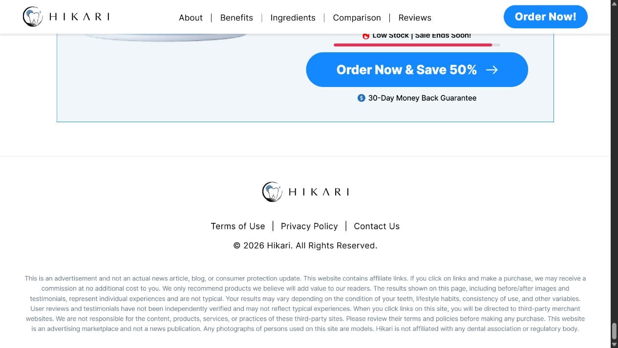 Hikari Teeth Whitening Powder Scam or Legit? Enamel Risks and Results Explained 3 Hikari footer disclaimer stating that the page is an advertisement, testimonials are unverified, and person photographs are models
