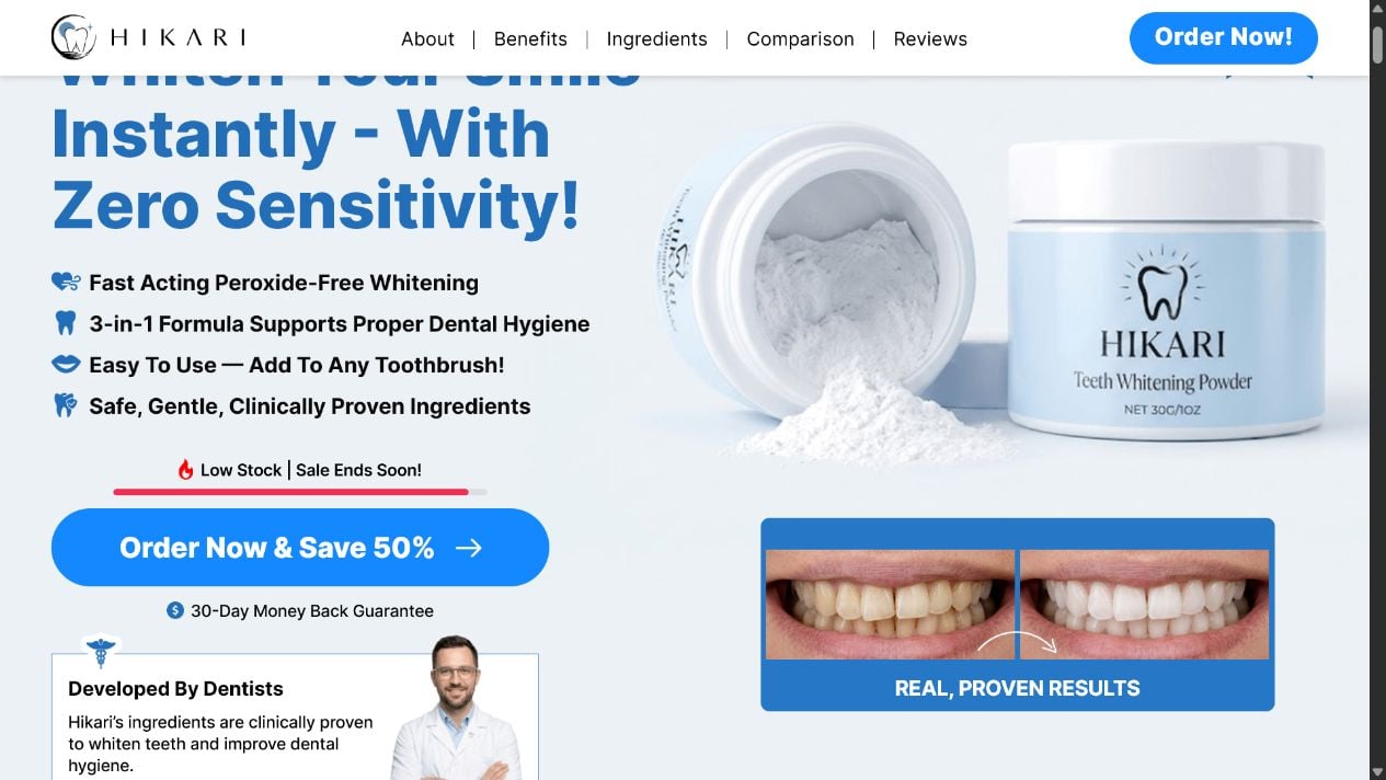 Hikari Teeth Whitening Powder Scam or Legit? Enamel Risks and Results Explained 1 Hikari whitening sales page showing zero sensitivity claims, low-stock pressure, an unnamed dentist model, and a before-and-after result