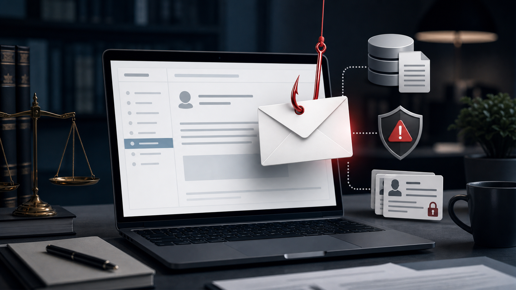 LexisNexis Email Scam: How to Spot the Phishing Message 1 Laptop showing a LexisNexis impersonation email scam with a phishing hook, identity records and warning shield