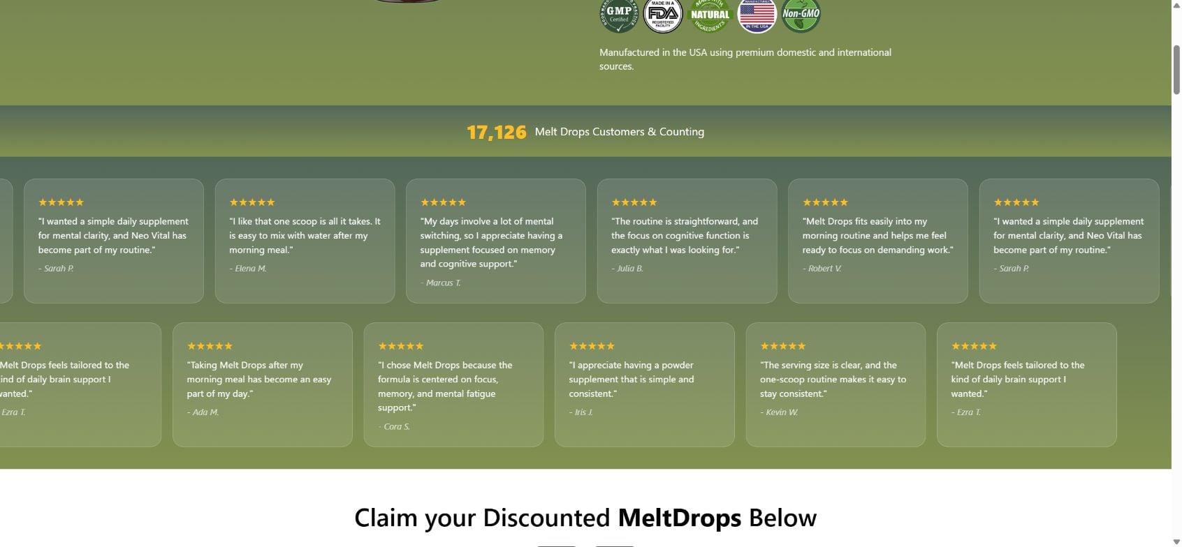 Melt Drops Scam or Legit? Template Errors and Miracle Weight-Loss Claims Exposed 2 Melt Drops website showing unrelated Neo Vital cognitive supplement testimonials
