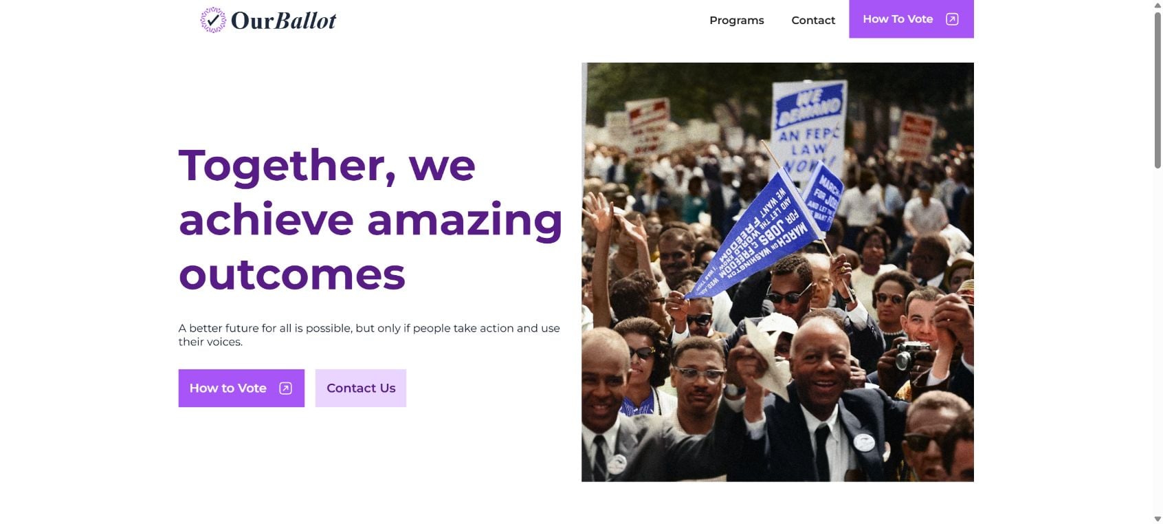 OurBallot Text Message Scam or Legit? What the Voting Reminder Really Means 1 OurBallot official website homepage showing voting outreach programs