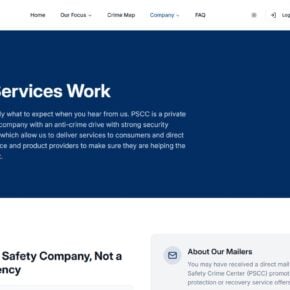Public Safety Crime Center website explaining that it is a private company, not a government agency