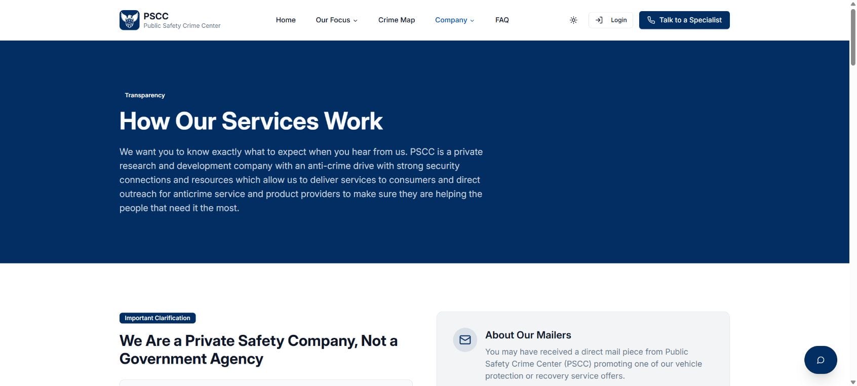 Public Safety Crime Center Letter: The Deceptive $388 Vehicle Tracker Pitch Explained 1 Public Safety Crime Center website explaining that it is a private company, not a government agency