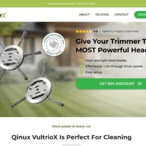 Qinux VultrioX sales page advertising a steel cable trimmer head with a 50% discount